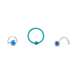 Semi-Solid Stainless Steel Simulated Opal and Blue CZ Nose Stud and Ring Set - 20G 5/16"