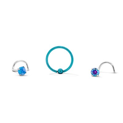 Semi-Solid Stainless Steel Simulated Opal and Blue CZ Nose Stud and Ring Set - 20G 5/16"
