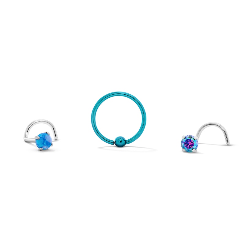Semi-Solid Stainless Steel Simulated Opal and Blue CZ Nose Stud and Ring Set - 20G 5/16"