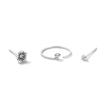 Semi-Solid Sterling Silver Crystal and CZ Nose Stud and Ring Set - 22G 3/8”