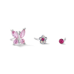 Semi-Solid Sterling Silver Pink Butterfly CZ and Multi-Color Crystal Nose Stud Set - 22G 3/8”