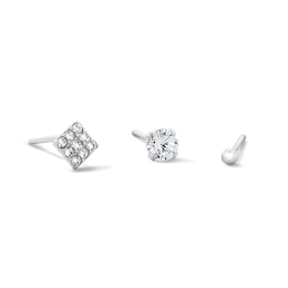 Semi-Solid Sterling Silver CZ Pavé Square, Solitaire and Ball Nose Stud Set - 22G 3/8”