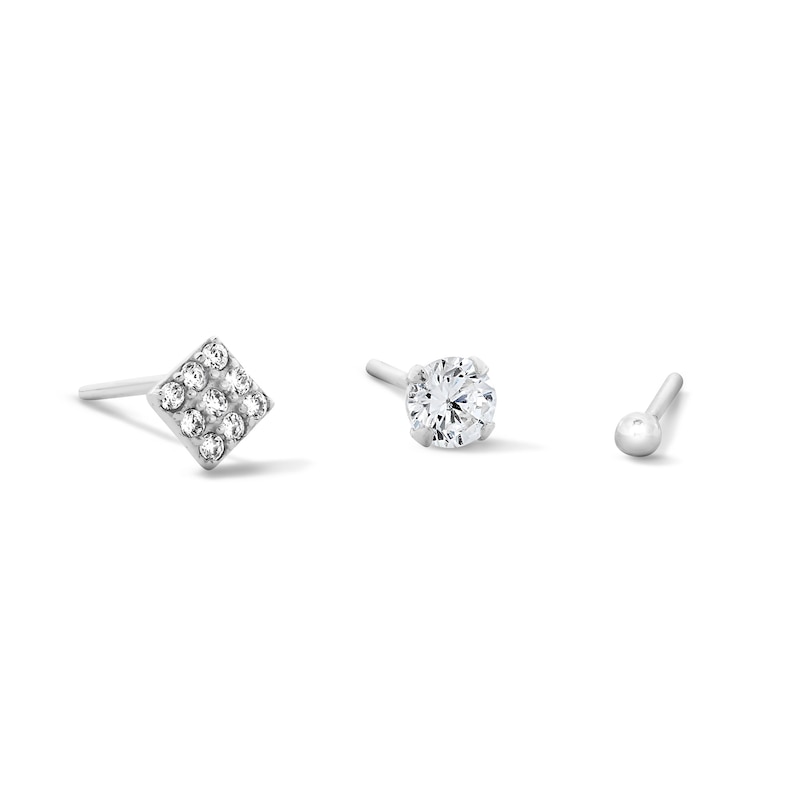 Main Image 1 of Semi-Solid Sterling Silver CZ Pavé Square, Solitaire and Ball Nose Stud Set - 22G 3/8”