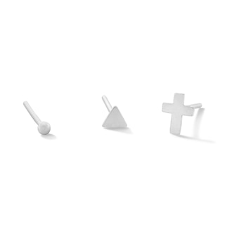 Semi-Solid Sterling Silver Ball, Triangle and Cross Nose Stud Set – 22G 3/8”