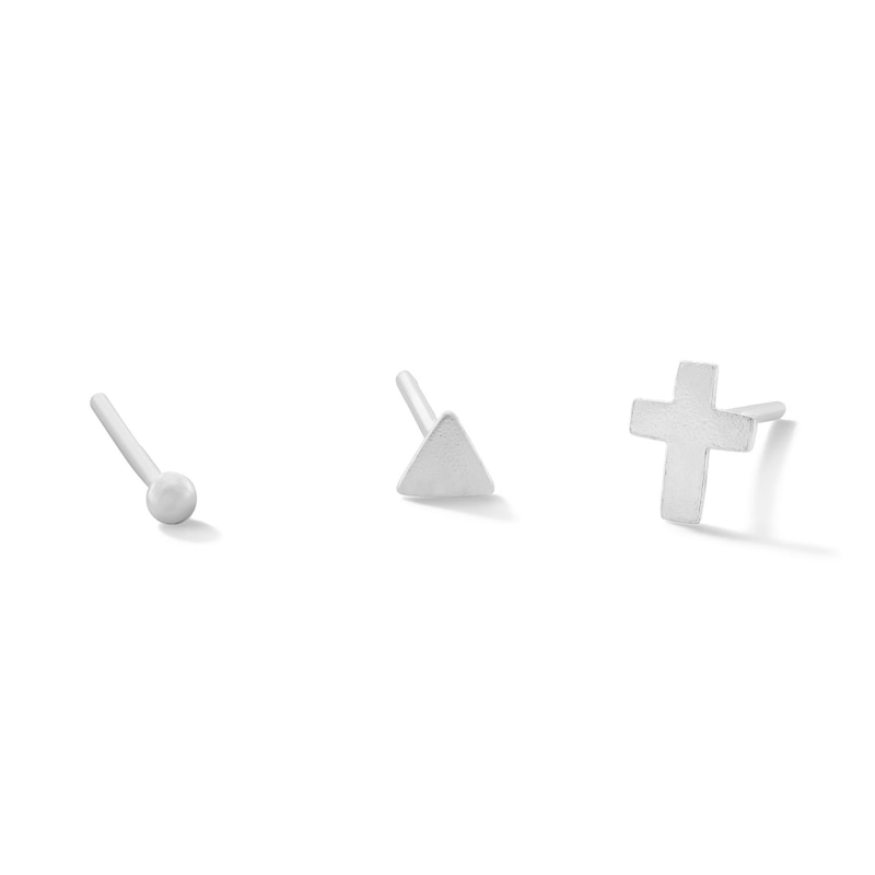 Semi-Solid Sterling Silver Ball, Triangle and Cross Nose Stud Set – 22G 3/8”
