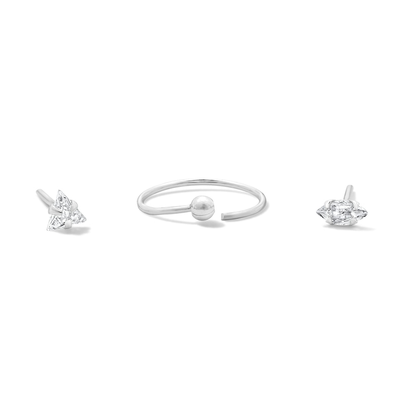 Semi-Solid Sterling Silver Triangle and Marquise CZ Nose Stud and Ring Set - 22G 3/8”