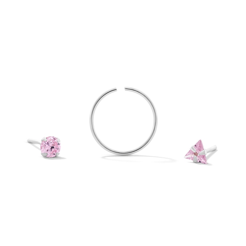 Main Image 1 of Semi-Solid Sterling Silver Pink CZ Nose Stud and Ring Set - 22G 3/8”