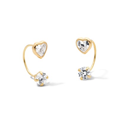 10K Semi-Solid Gold Heart and Round CZ Front/Back Earrings