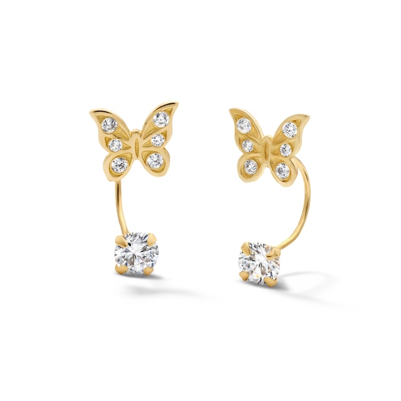 10K Semi-Solid Gold Butterfly CZ Front/Back Earrings