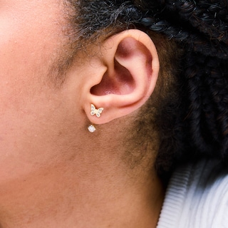 10K Semi-Solid Gold Butterfly CZ Front/Back Earrings