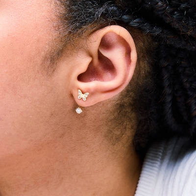 10K Semi-Solid Gold Butterfly CZ Front/Back Earrings