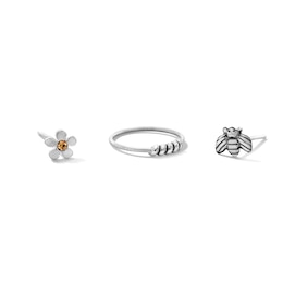 Semi-Solid Sterling Silver Champagne Crystal Flower and Bee Nose Stud and Ring Set - 22G 3/8