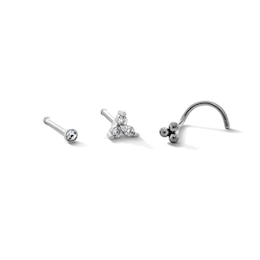 Semi-Solid Stainless Steel Crystal, CZ Triangle and Ball Trio Nose Stud Set - 20G 5/16”