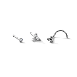Semi-Solid Stainless Steel Crystal, CZ Triangle and Ball Trio Nose Stud Set - 20G 5/16”