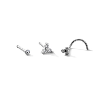 Semi-Solid Stainless Steel Crystal, CZ Triangle and Ball Trio Nose Stud Set - 20G 5/16”