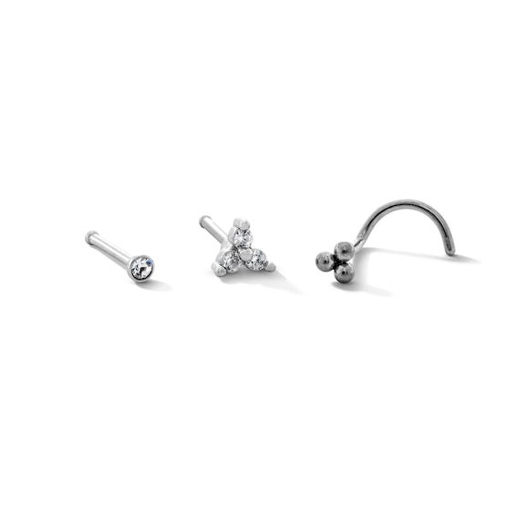 Semi-Solid Stainless Steel Crystal, CZ Triangle and Ball Trio Nose Stud Set - 20G 5/16”