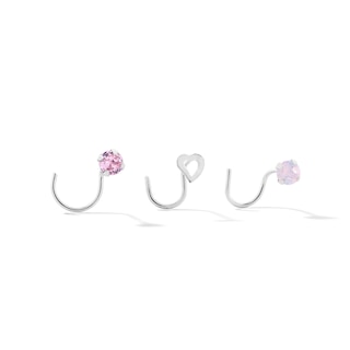 Semi-Solid Sterling Silver Pink CZ and Simulated Pink Opal Nose Stud Set - 22G 5/16”