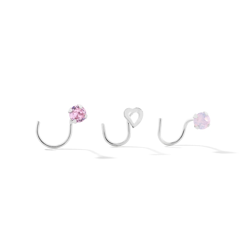 Semi-Solid Sterling Silver Pink CZ and Simulated Pink Opal Nose Stud Set - 22G 5/16”