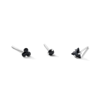 Semi-Solid Sterling Silver Black Crystal and CZ Nose Stud Set - 22G 3/8”
