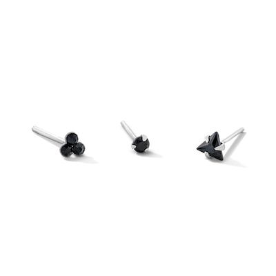 Semi-Solid Sterling Silver Black Crystal and CZ Nose Stud Set - 22G 3/8”