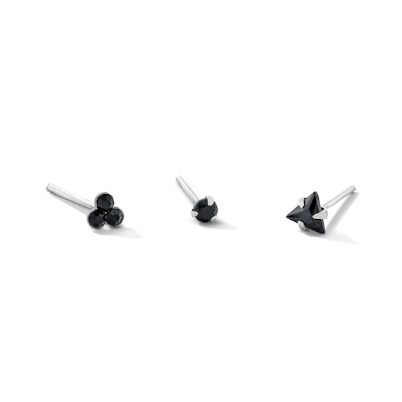 Semi-Solid Sterling Silver Black Crystal and CZ Nose Stud Set - 22G 3/8”