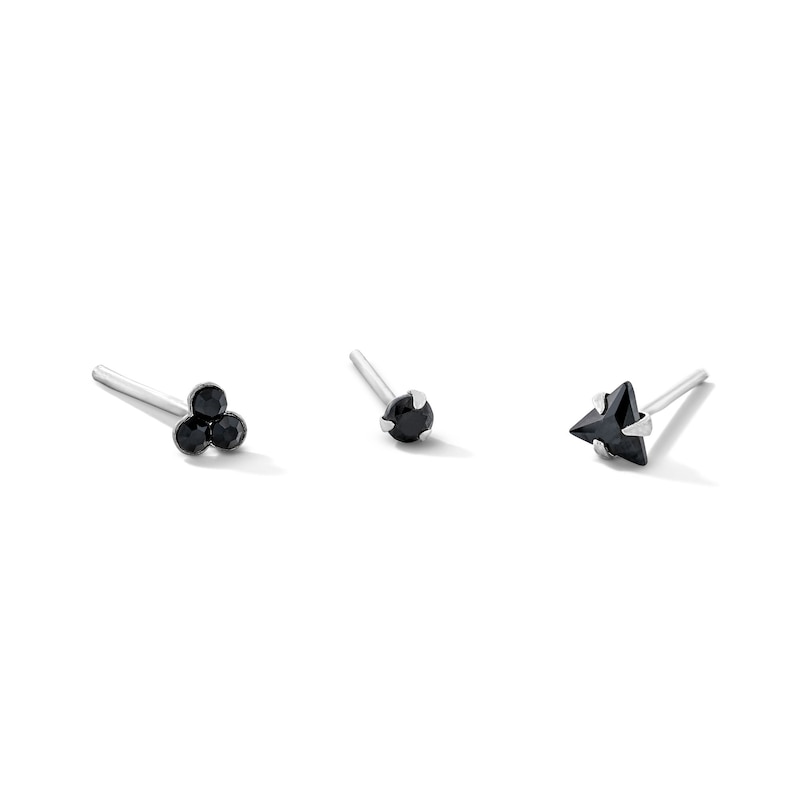 Semi-Solid Sterling Silver Black Crystal and CZ Nose Stud Set - 22G 3/8”