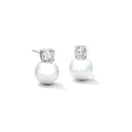 Solid Sterling Silver Simulated Pearl and CZ Drop Earrings
