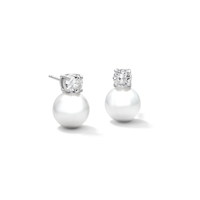Solid Sterling Silver Simulated Pearl and CZ Studs