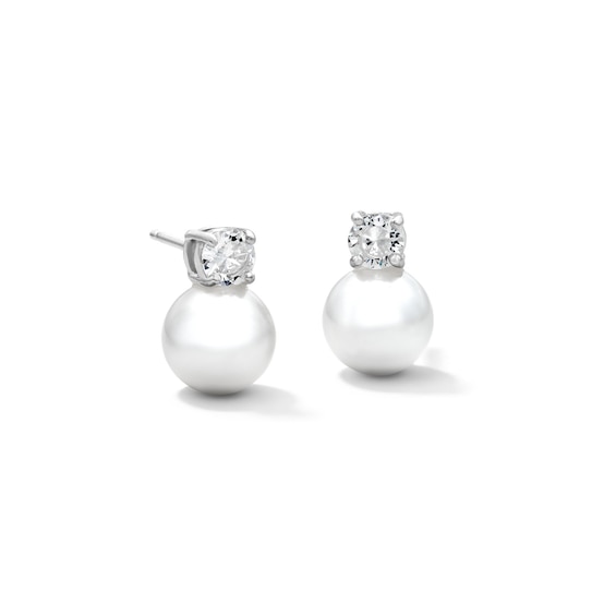 Solid Sterling Silver Simulated Pearl and CZ Studs