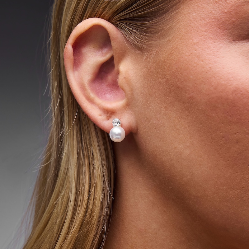 Solid Sterling Silver Simulated Pearl and CZ Studs