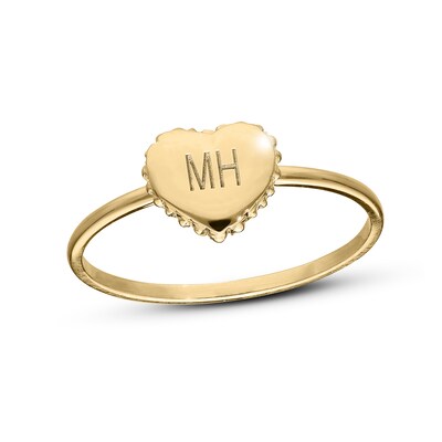14K Yellow Gold-Plated Engravable Initial Beaded Heart Signet Ring