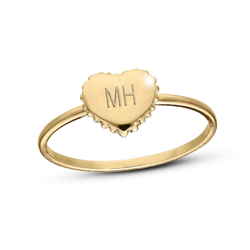 Main Image 1 of 14K Yellow Gold-Plated Engravable Initial Beaded Heart Signet Ring