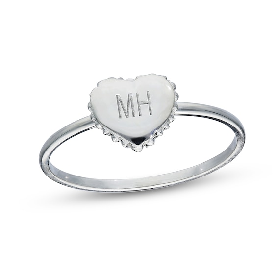 Sterling Silver Engravable Initial Beaded Heart Signet Ring