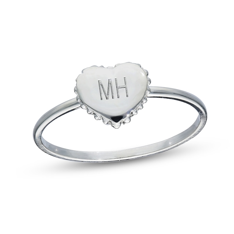 Main Image 1 of Sterling Silver Engravable Initial Beaded Heart Signet Ring