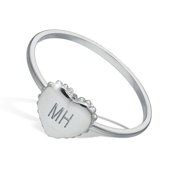 Sterling Silver Engravable Initial Beaded Heart Signet Ring