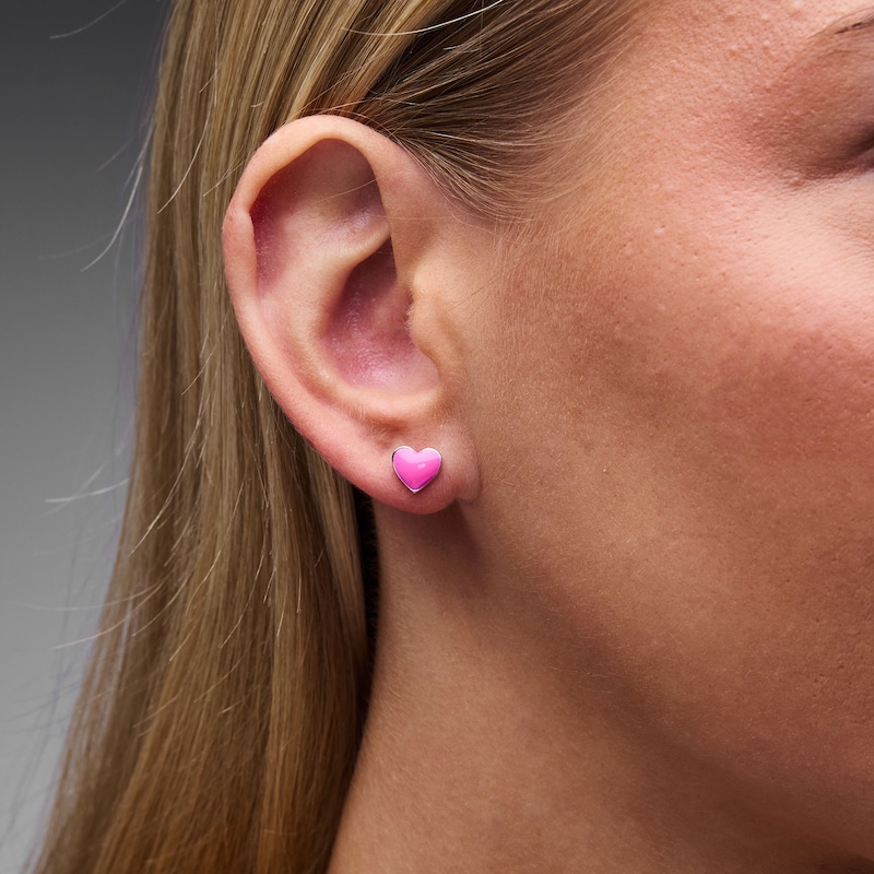 Solid Sterling Silver Pink Enamel Heart Studs