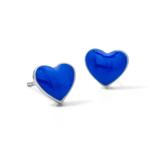 Solid Sterling Silver Blue Enamel Heart Studs