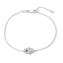 Solid Sterling Silver Blue and White CZ Hamsa Bracelet - 7.25" + 1"