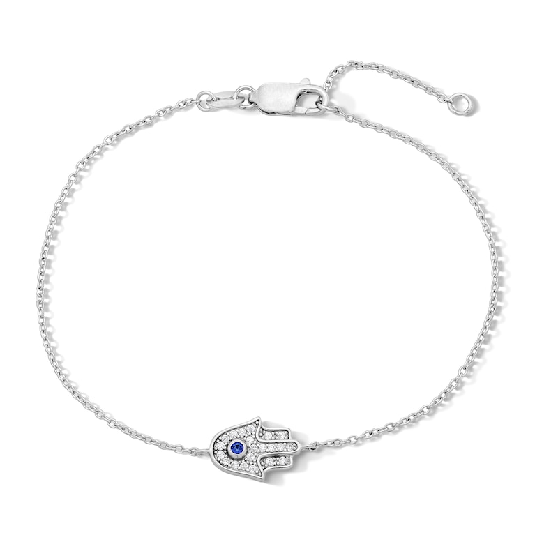 Main Image 1 of Solid Sterling Silver Blue and White CZ Hamsa Bracelet - 7.25" + 1"
