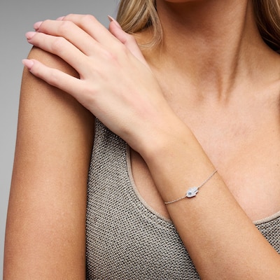 Solid Sterling Silver Blue and White CZ Hamsa Bracelet - 7.25" + 1"