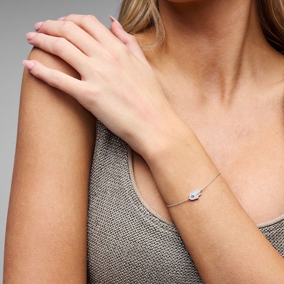 Solid Sterling Silver Blue and White CZ Hamsa Bracelet - 7.25" + 1"