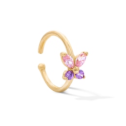14K Solid Yellow Gold Pink and Purple CZ Butterfly Nose Hoop - 20G 5/16"