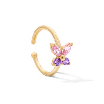 14K Solid Yellow Gold Pink and Purple CZ Butterfly Nose Hoop - 20G 5/16"