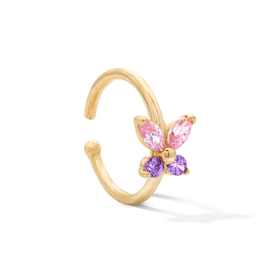 14K Solid Yellow Gold Pink and Purple CZ Butterfly Nose Hoop - 20G 5/16"