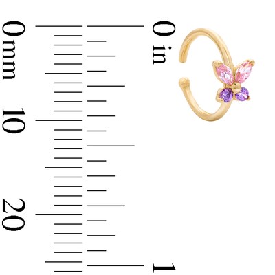 14K Solid Yellow Gold Pink and Purple CZ Butterfly Nose Hoop - 20G 5/16"