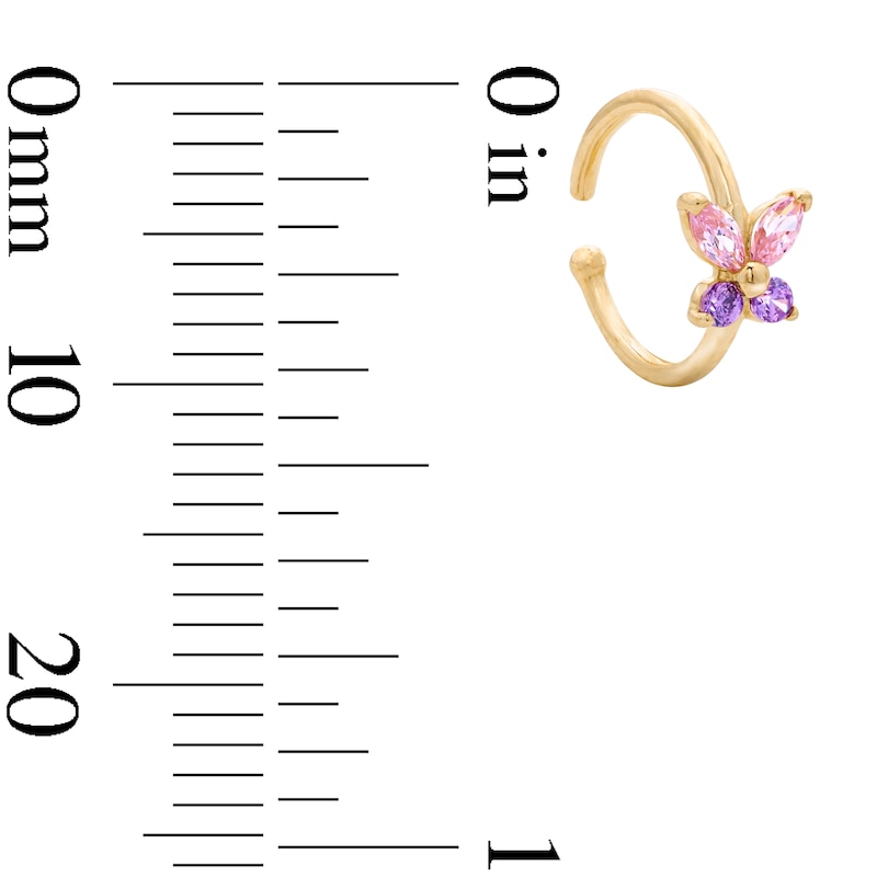 Main Image 2 of 14K Solid Yellow Gold Pink and Purple CZ Butterfly Nose Hoop - 20G 5/16"