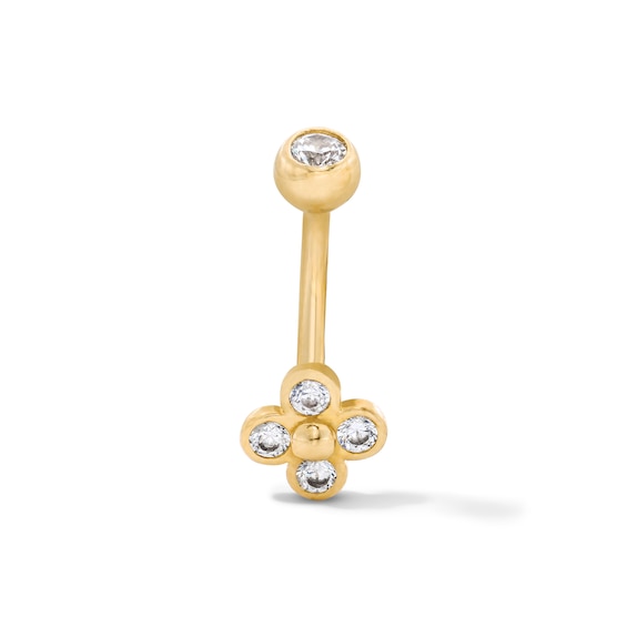 10K Solid Gold CZ Clover Curved Barbell Ring - 16G 3/8"