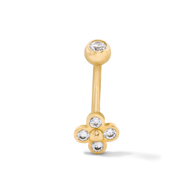 10K Solid Gold CZ Clover Curved Barbell Ring - 16G 3/8"