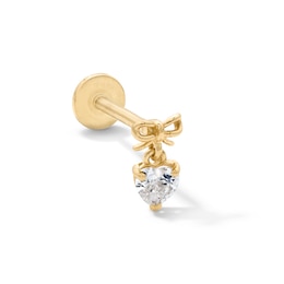 14K Solid Gold CZ Heart Bow Dangle Cartilage Stud - 18G 5/16”