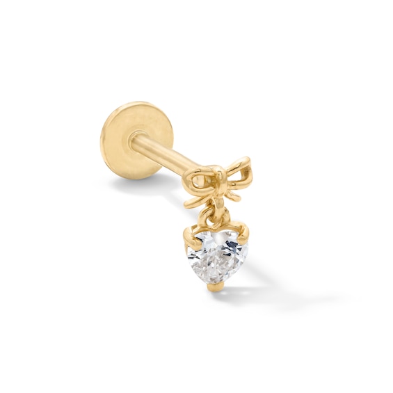 14K Solid Gold CZ Heart Bow Dangle Cartilage Stud - 18G 5/16”